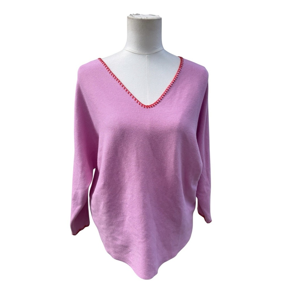Aaeda Womens Medium Pink Lightweight Sweater Red Stitch Coastal Summer Vacay
